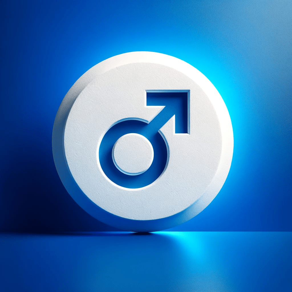 Male symbol on a white pill with a blue background for low testosterone
