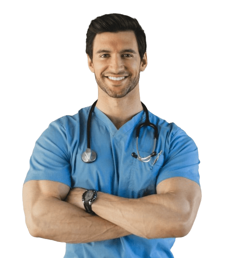 A smiling man in blue medical scrubs with a stethoscope around his neck stands with his arms crossed, embodying the confidence and health promoted by The Fit Father Project.
