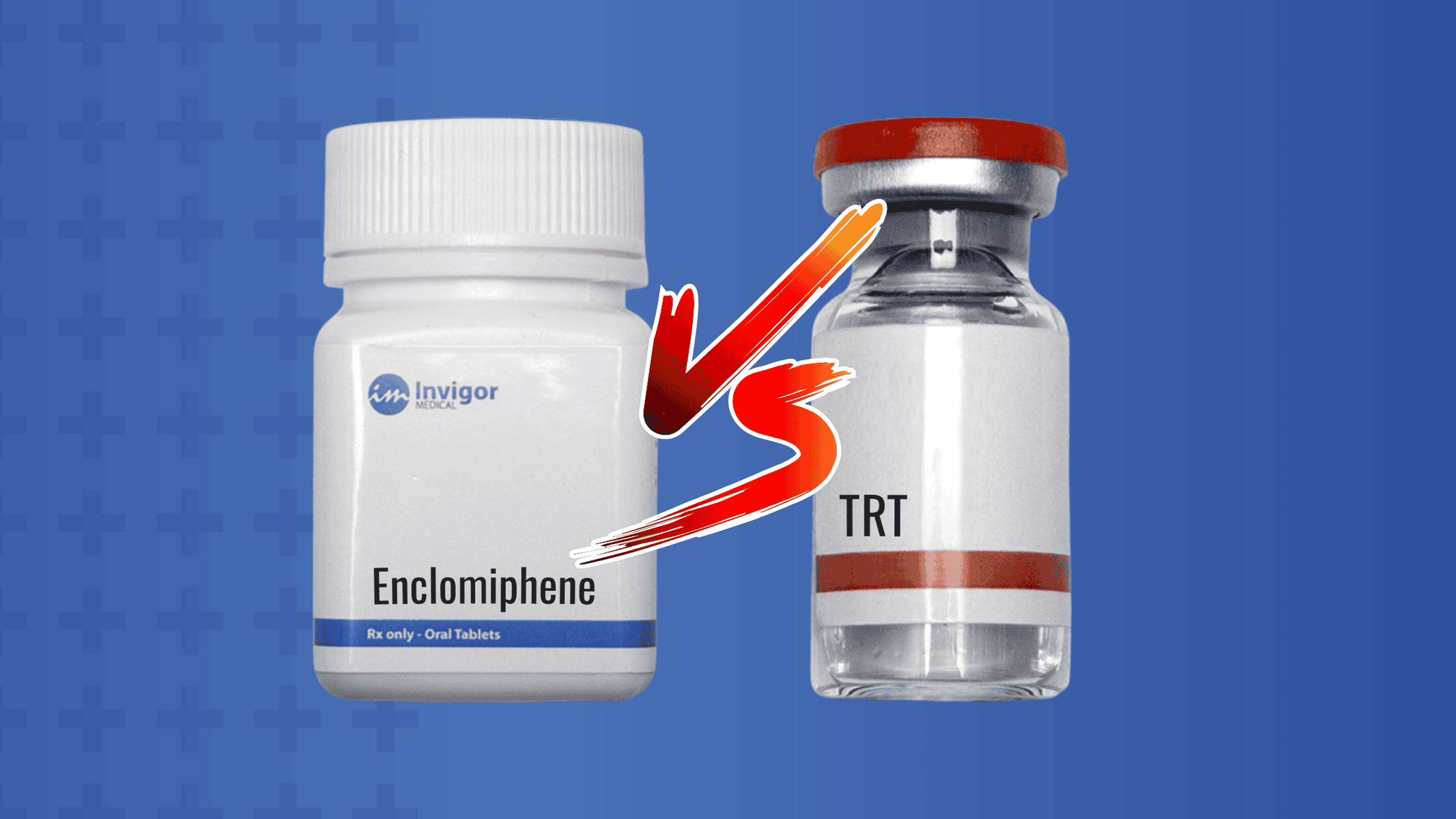 A bottle labeled Enclomiphene and a vial labeled TRT are shown side by side on a blue background, with a bold red VS in the center, highlighting the Enclomiphene vs TRT comparison.