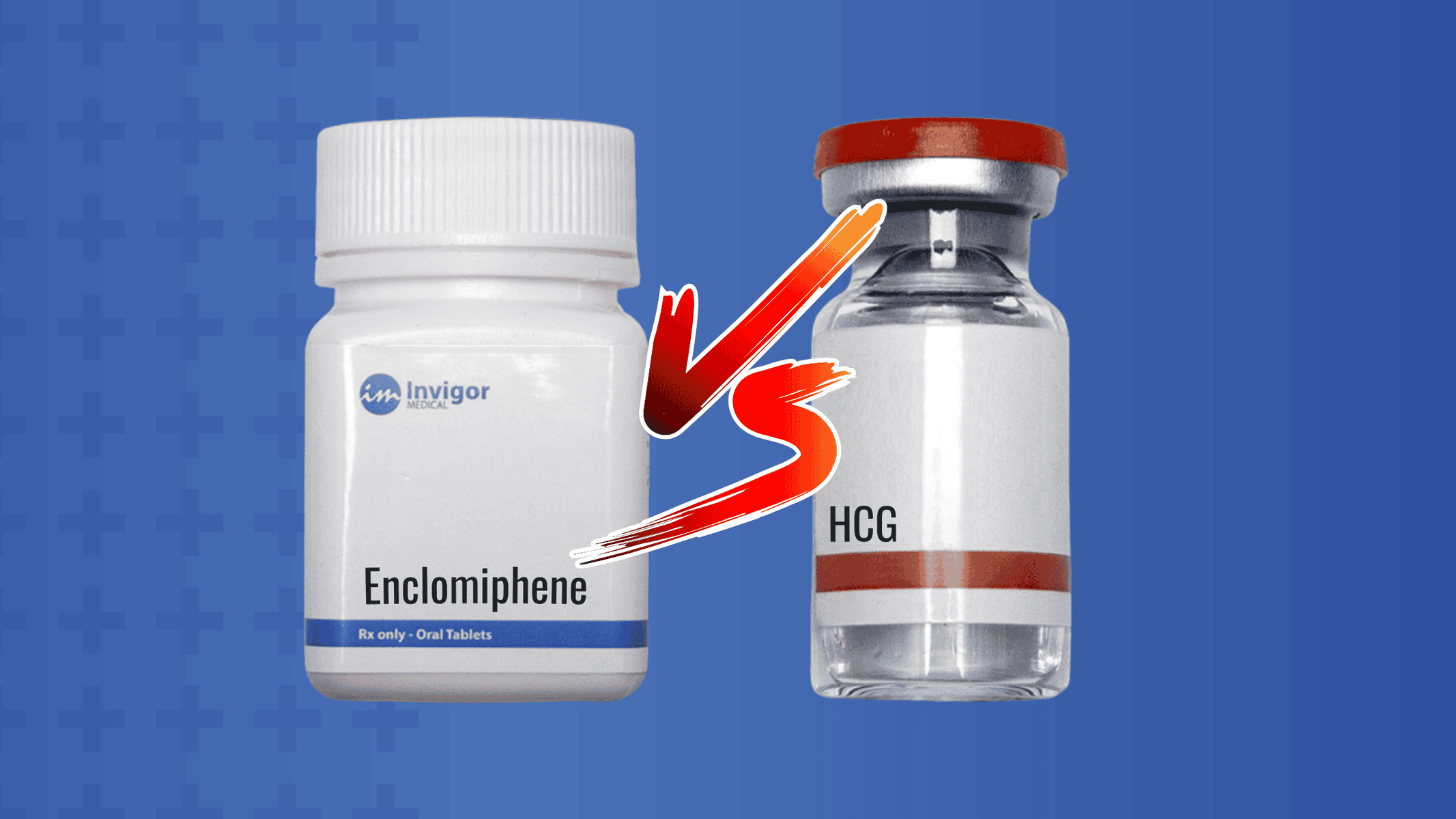 A bottle of Enclomiphene pills vs a vial of HCG