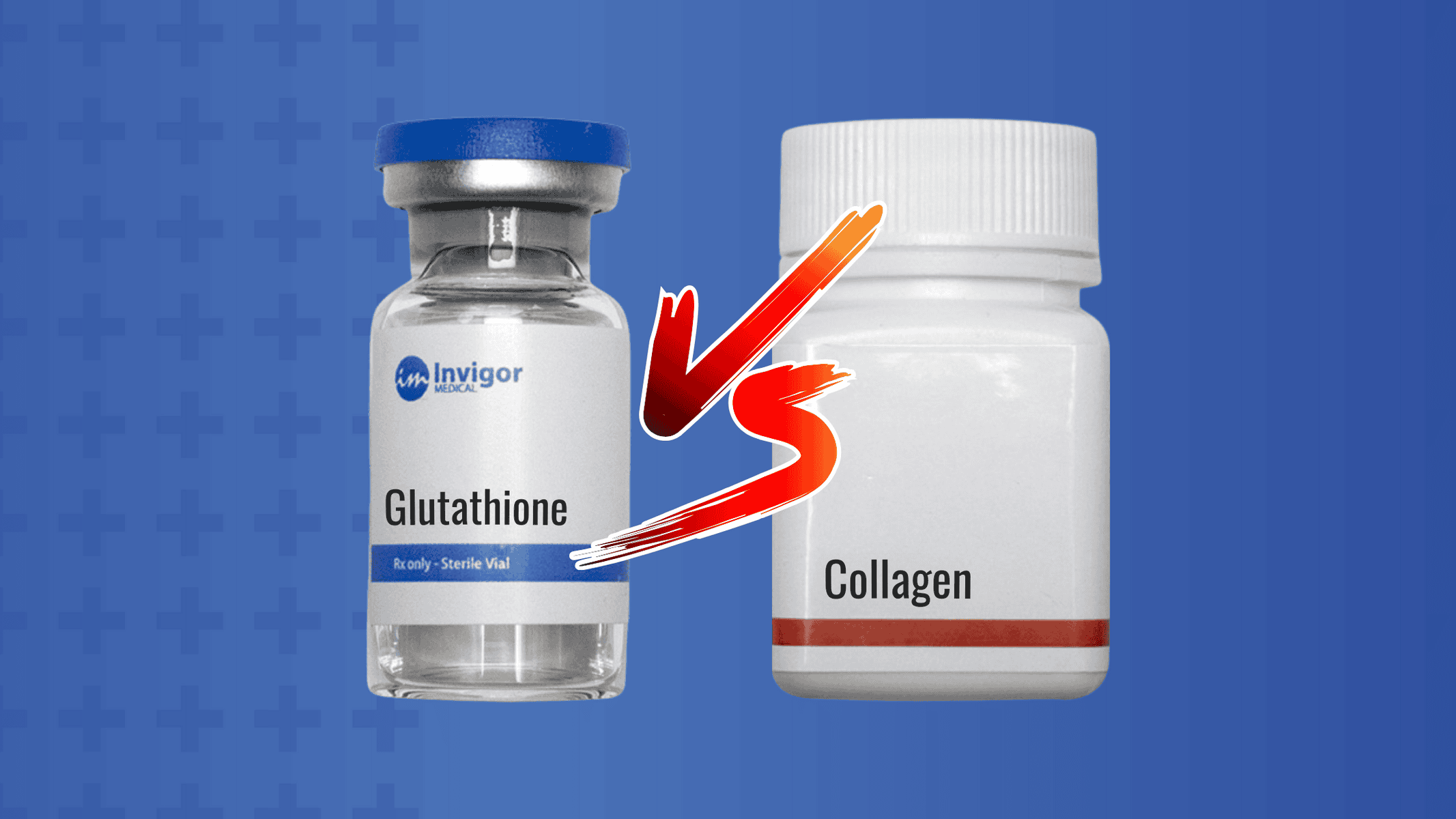 A vial of Glutathione Vs a bottle of Collagen pills