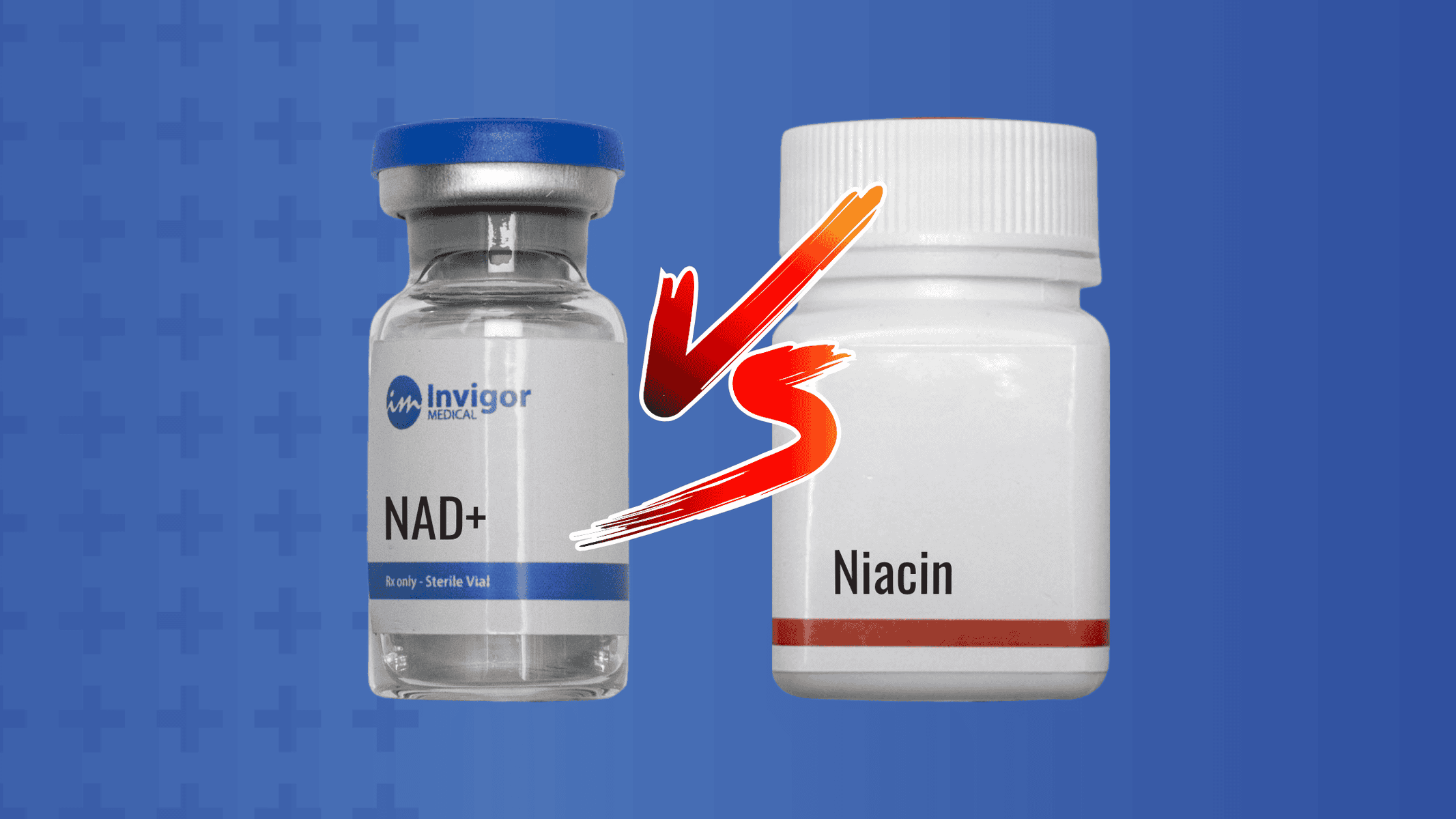 A vial of NAD+ Vs a bottle of Niacin pills