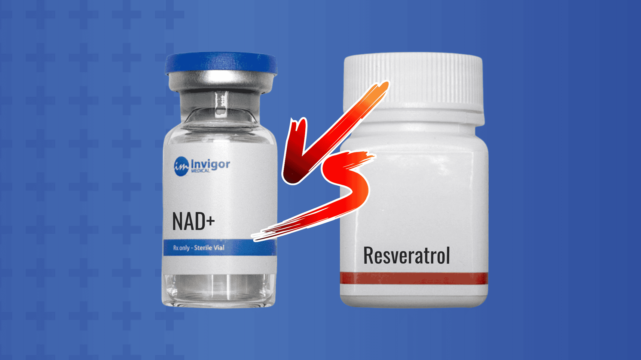 A vial of NAD+ vs a bottle of Resveratrol