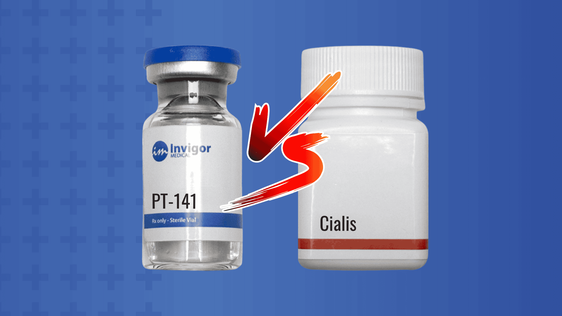 A vial of PT-141 Vs a bottle of Cialis
