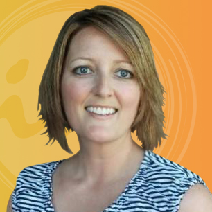 A woman with short light brown hair and blue eyes smiles at the camera. She wears a black and white patterned sleeveless top, with an orange background featuring a circular design often seen in health campaigns about erectile dysfunction.