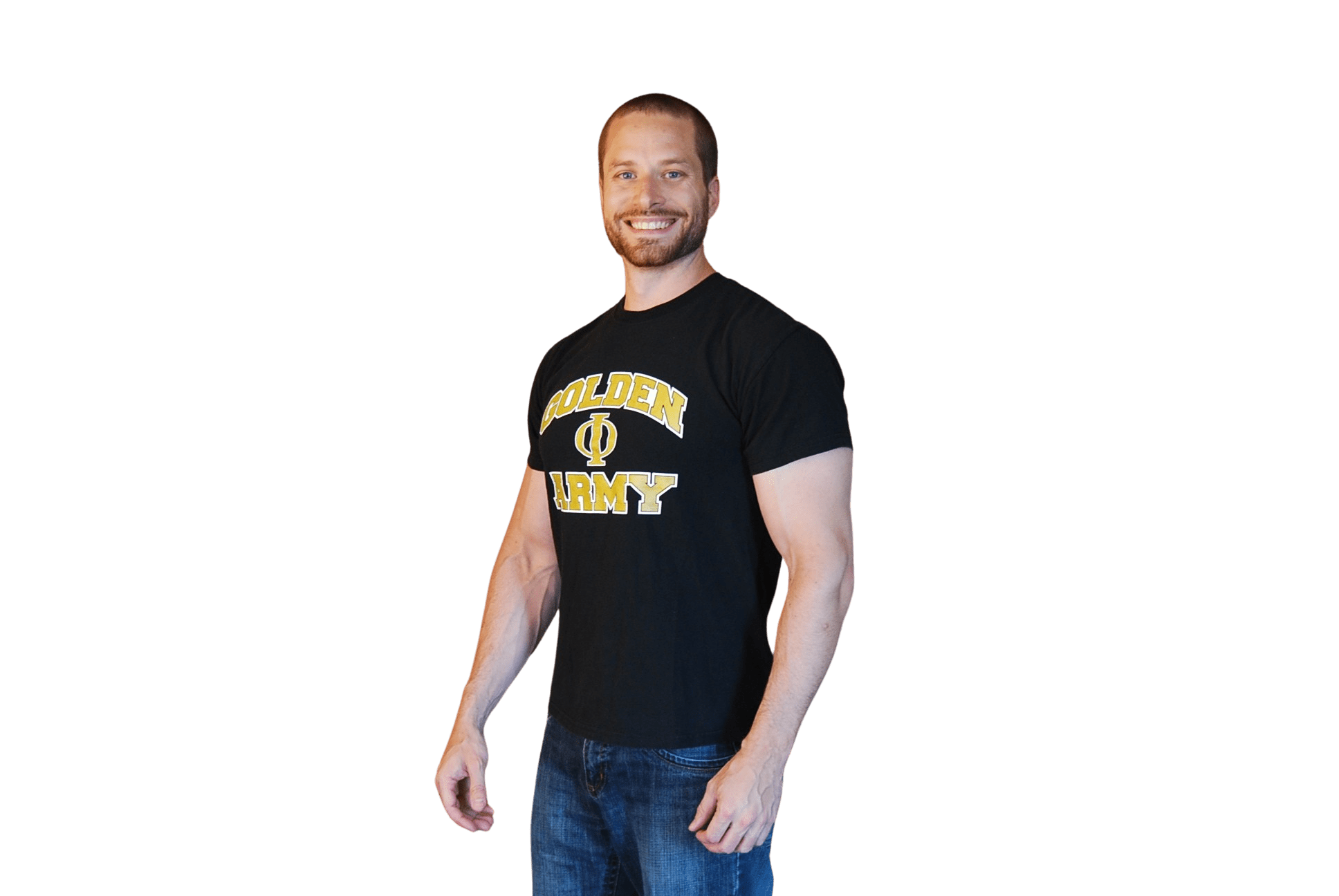 A smiling man with a beard stands facing forward, wearing a black BOLDER ARMY t-shirt and blue jeans, against a plain green background, embodying the confident mindset inspired by Eat. Stop. Eat.