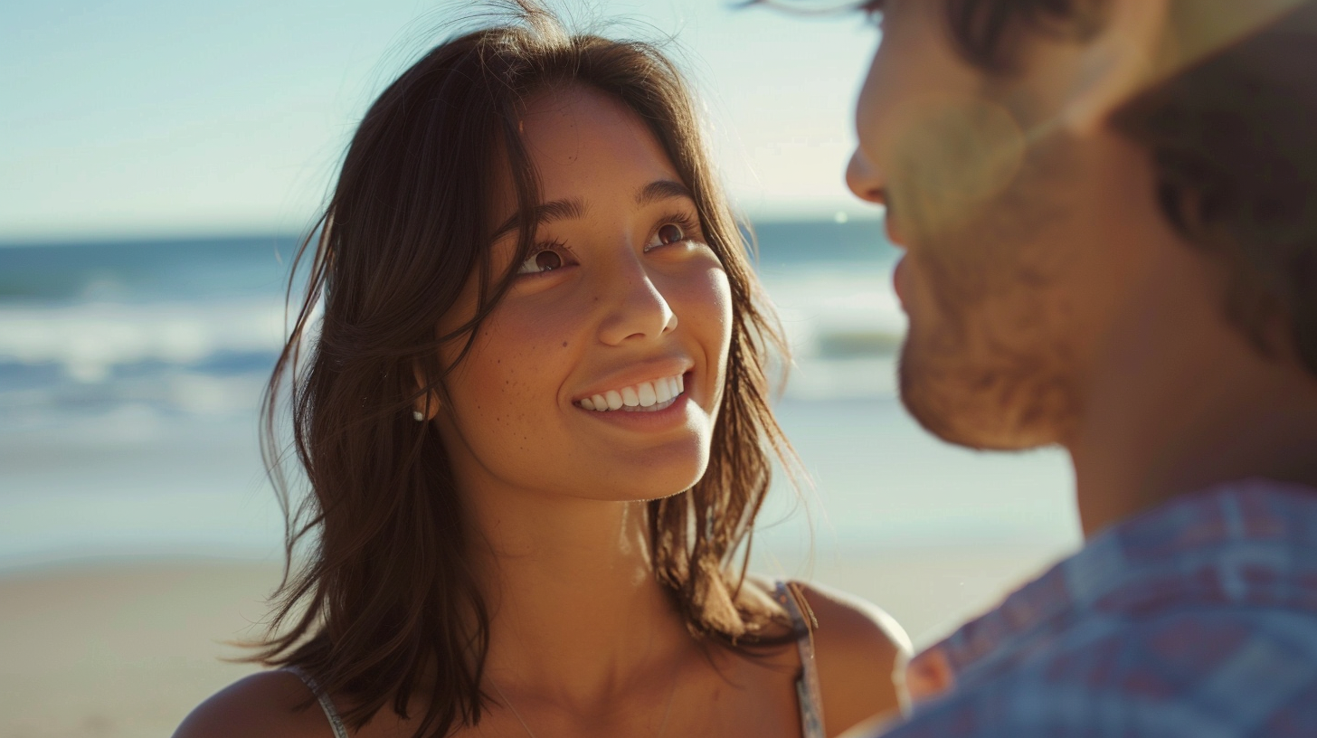 A woman looking at a man while on a beach