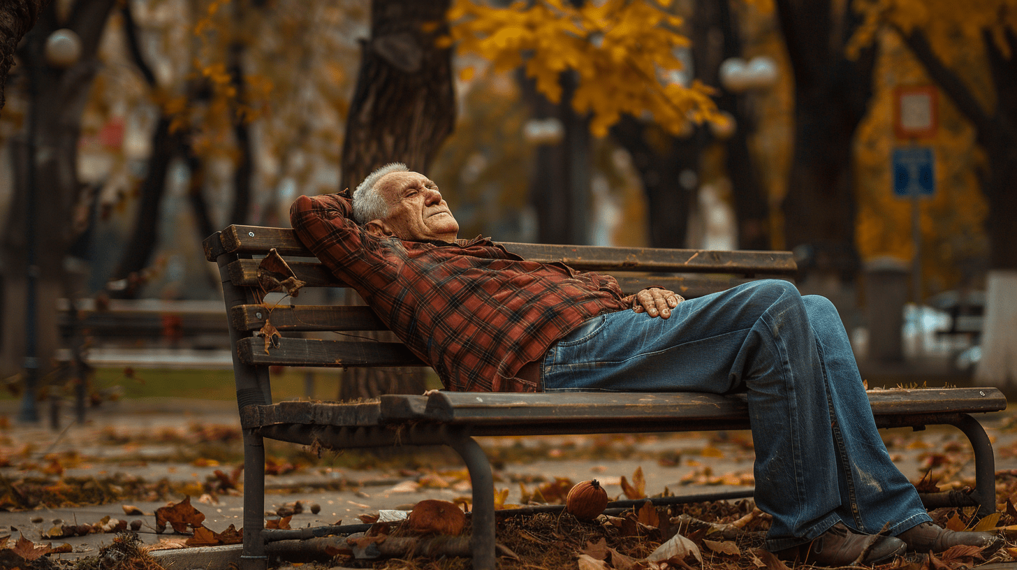 An elderly man wearing a red plaid shirt and jeans relaxes on a park bench, leaning back with one arm behind his head, surrounded by autumn leaves—enjoying the slower pace that comes with less energy with age.