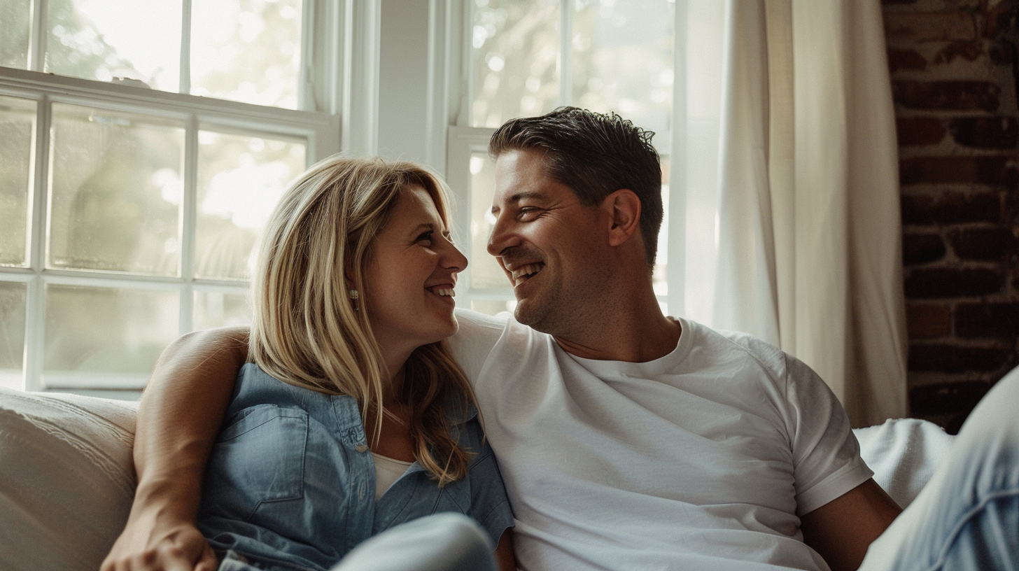 A happy couple looking at each other