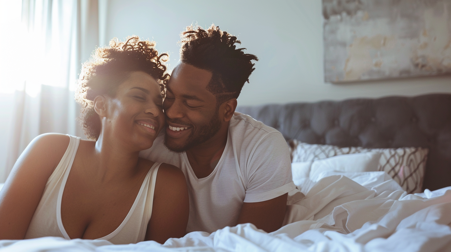 Couple cuddling on the bed