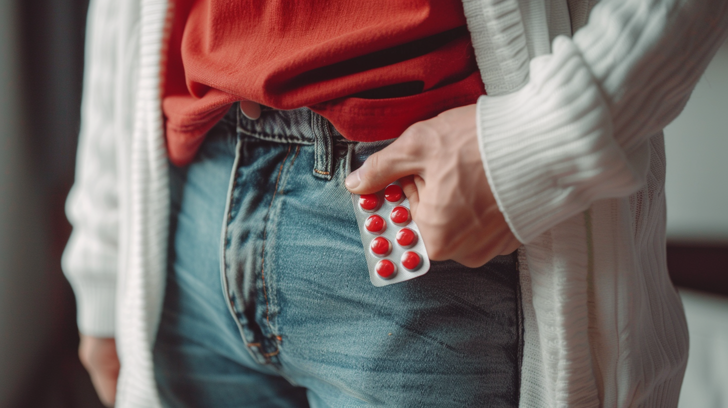 A man holding packaged red pills
