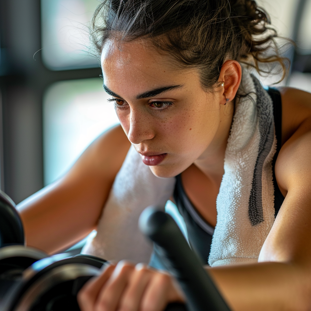 Woman exercising on a stationary bike while wondering about peptides for weight loss