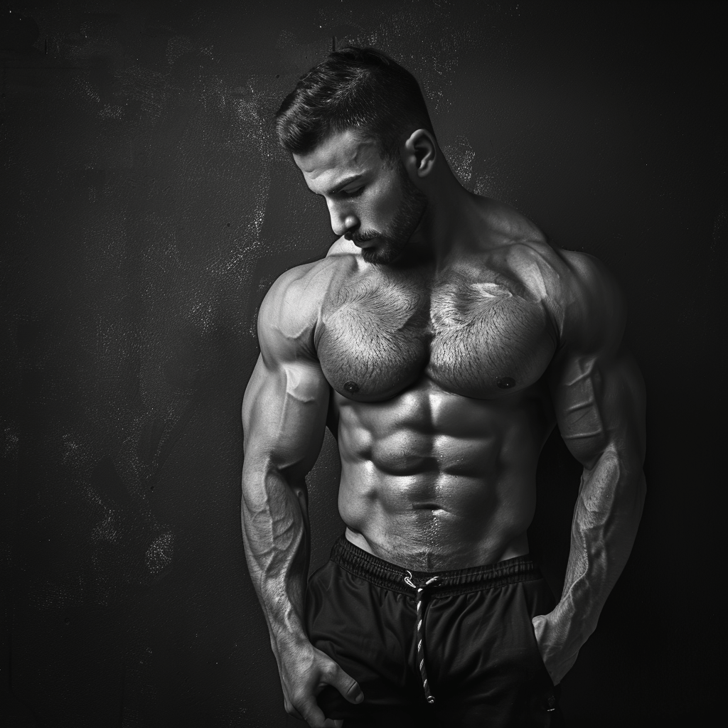 A man with lean muscle mass in black and white