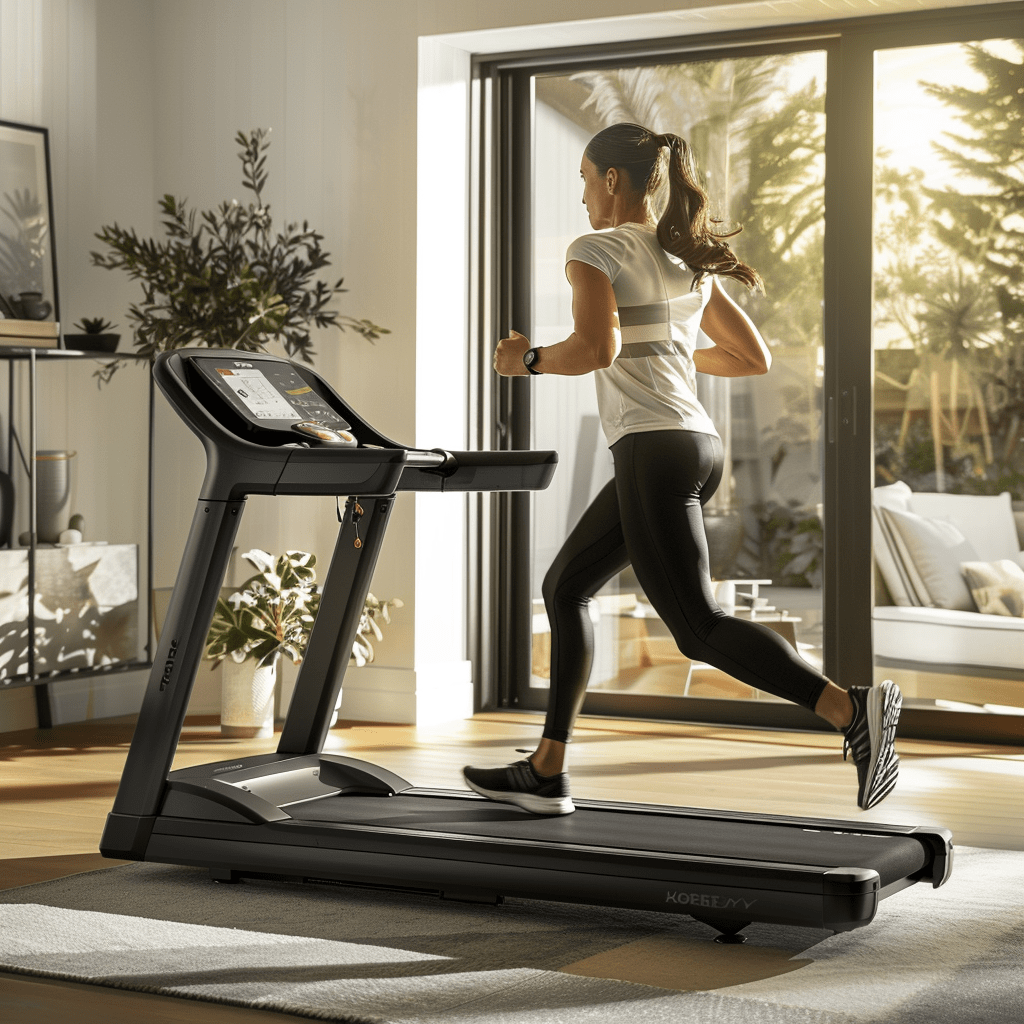 A woman running on a treadmill in her home