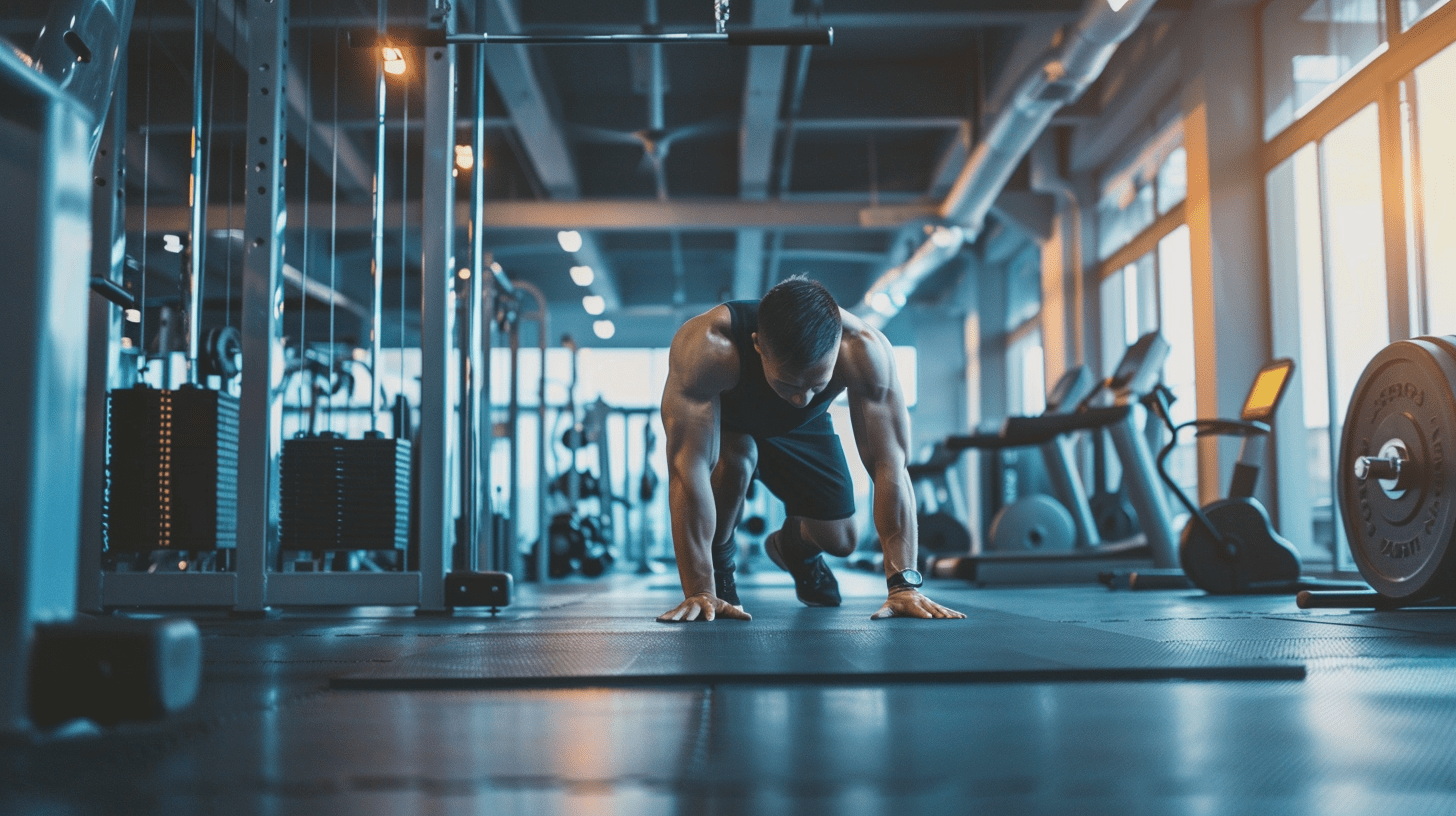 Man working out in the gym in push up position