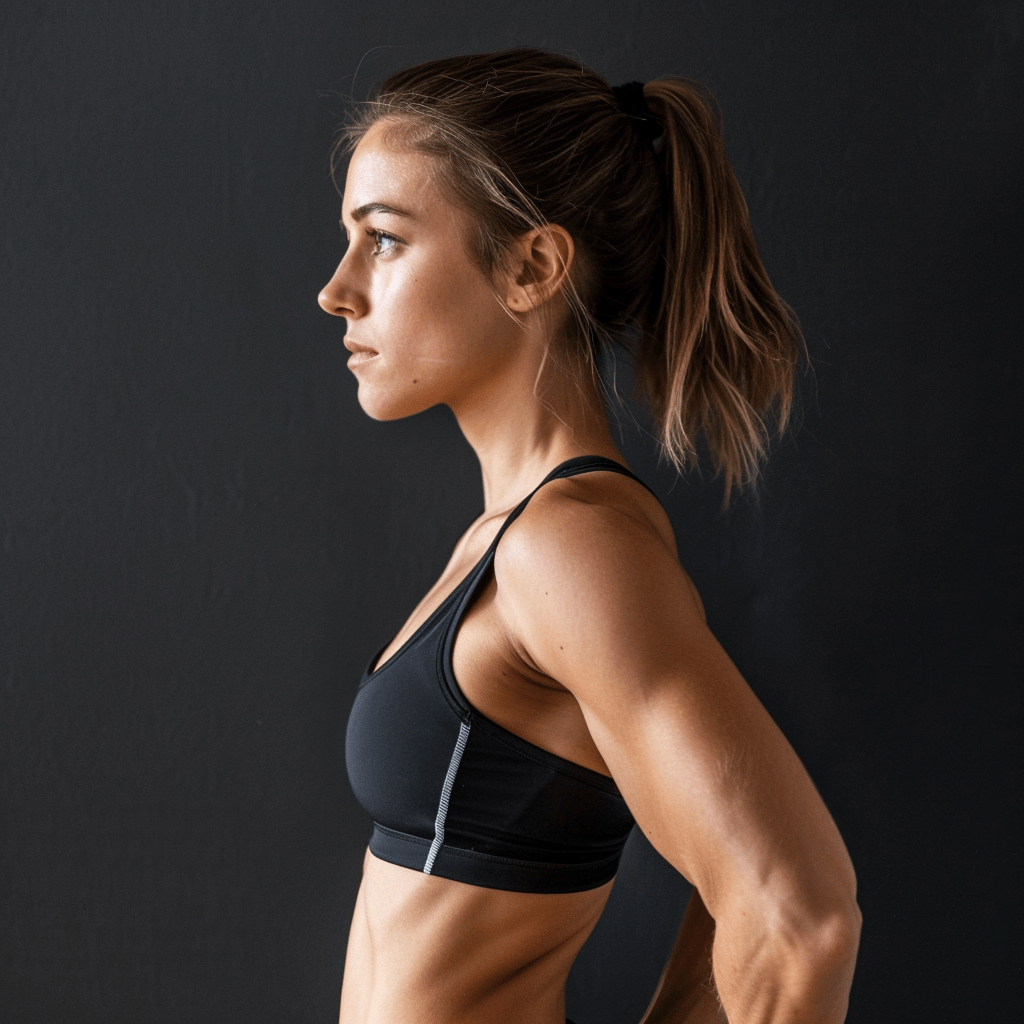 A side profile of a woman with lean muscle mass