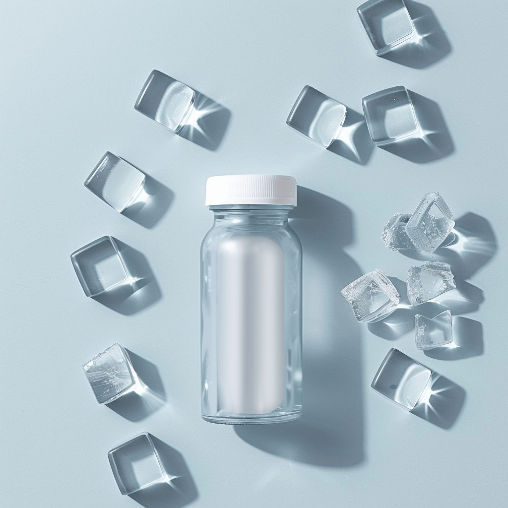 Ice cubes next to an empty pill bottle