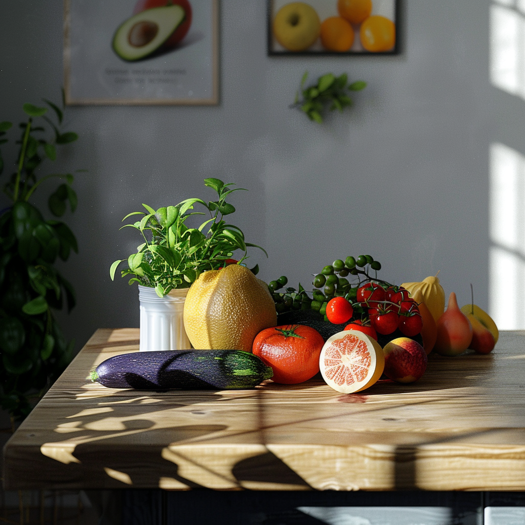 A couple of fruits and vegetables on a table