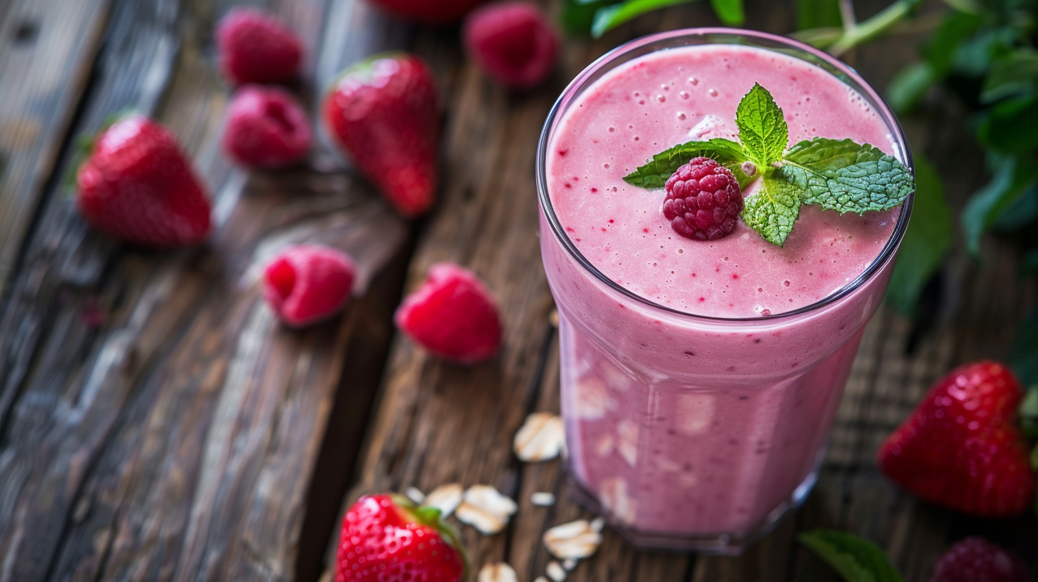A glass of pink berry smoothie, one of the best weight loss shakes, garnished with a raspberry and mint leaves, surrounded by fresh strawberries and oats on a rustic wooden table.