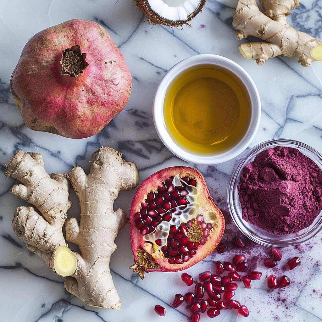 A picture of ginger, pomegranate, beet juice powder and coconut oil