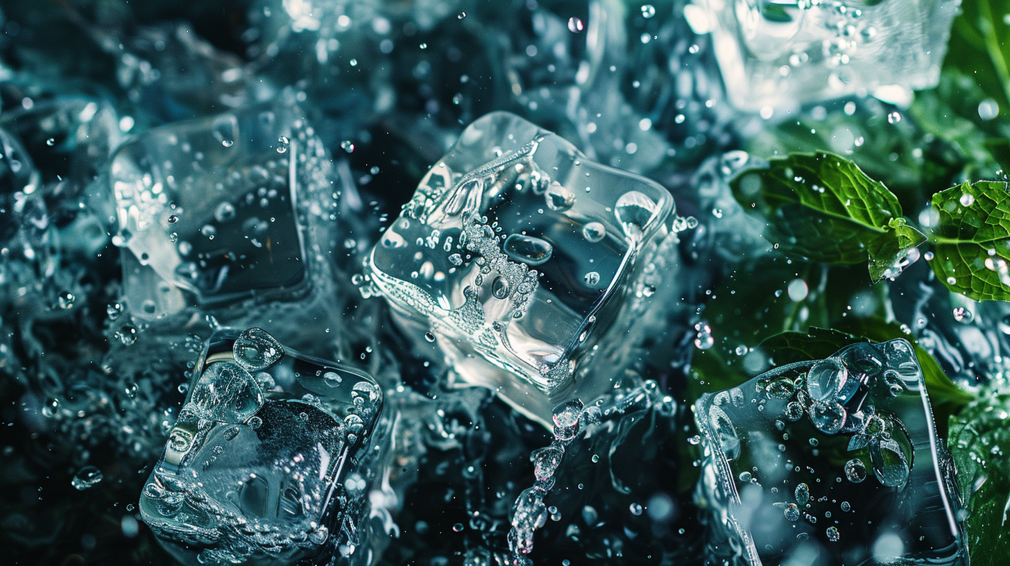 Image of ice cubes with a mint leaf