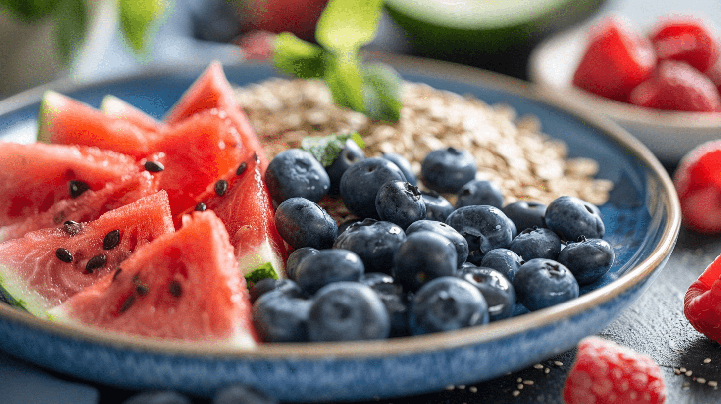 A plate with watermelon, blueberries and oatmeal Semaglutide Diet Plan