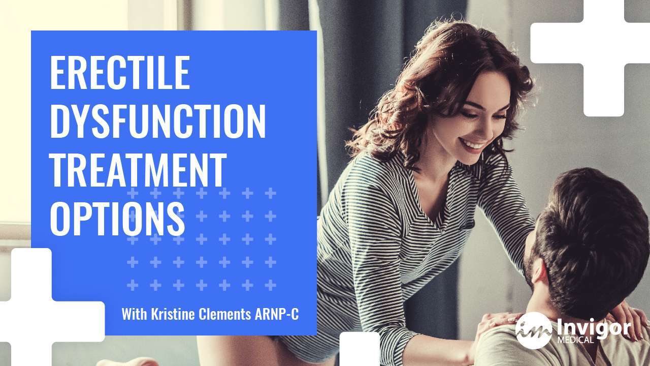 A smiling woman leans playfully over a smiling man on a bed. Text on the left reads, “Erectile Dysfunction Treatment Options. Buy Trimix online with Kristine Clements, ARNP-C.” Invigor Medical’s logo is in the bottom right corner.