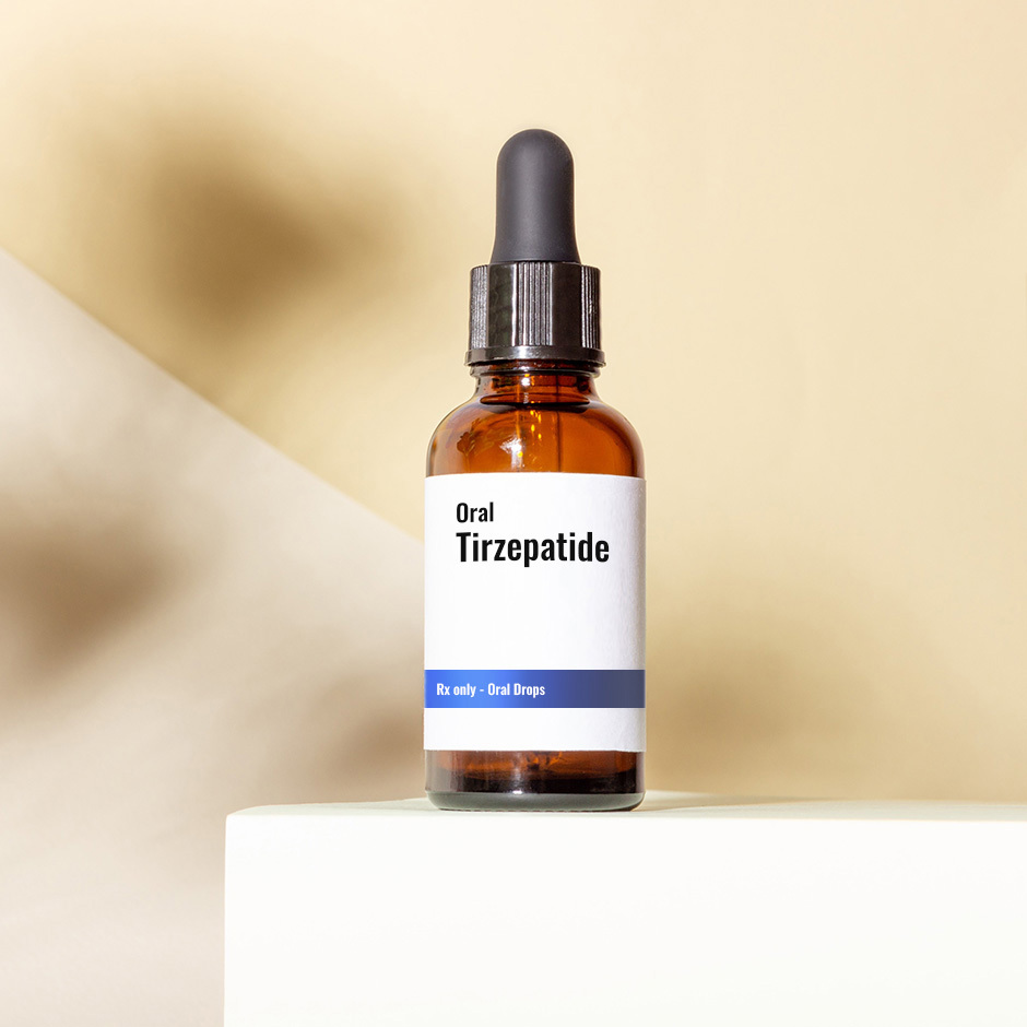 A brown glass dropper bottle labeled Oral Tirzepatide with a white and blue label sits on a white surface against a beige background, inviting you to Buy Oral Tirzepatide Drops for convenient at-home use.